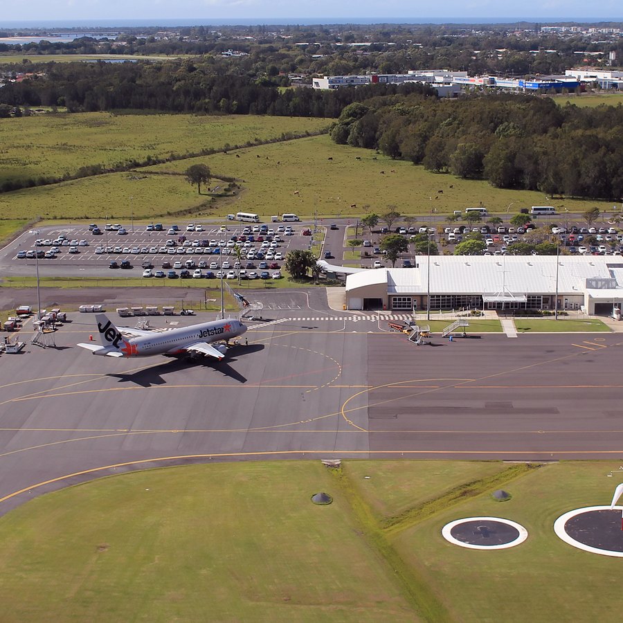 Ballina Byron airport from the air, a plane on the apron